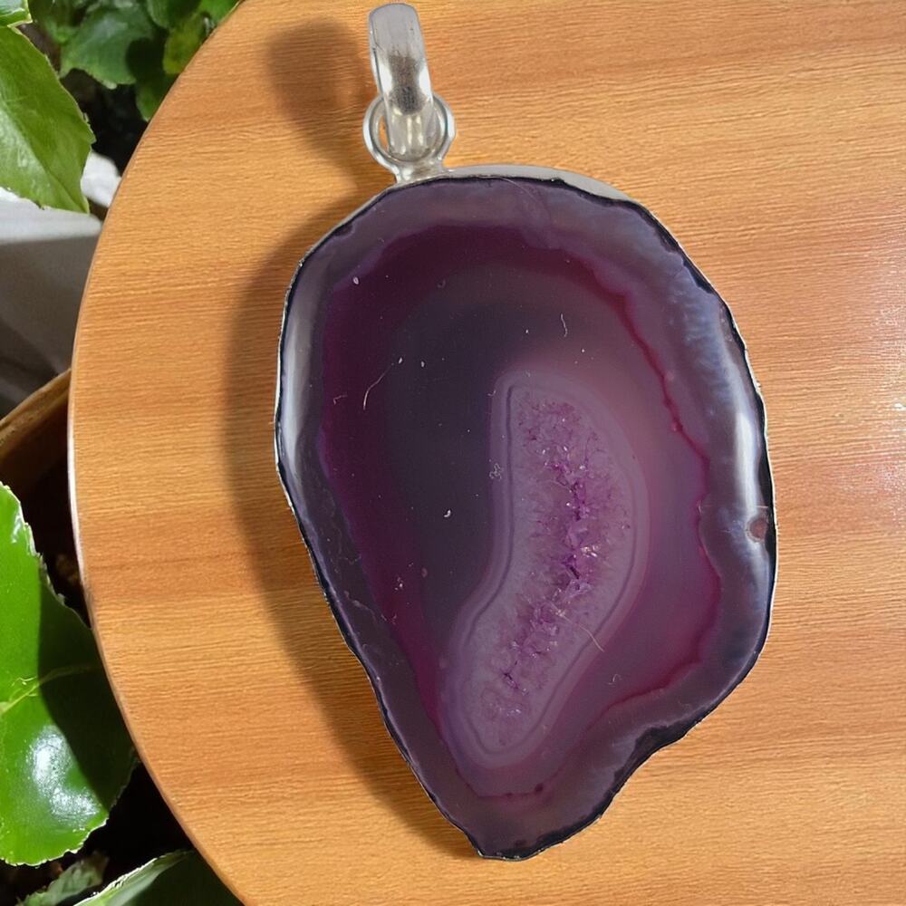 Purple Agate Geode Pendant 2.25" Polished Slice Necklace in Silver Bezel